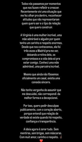Vinicius Júnior publicou texto admitindo conversas com outra mulher em meio a affair com Virginia • Instagram/@vinijr