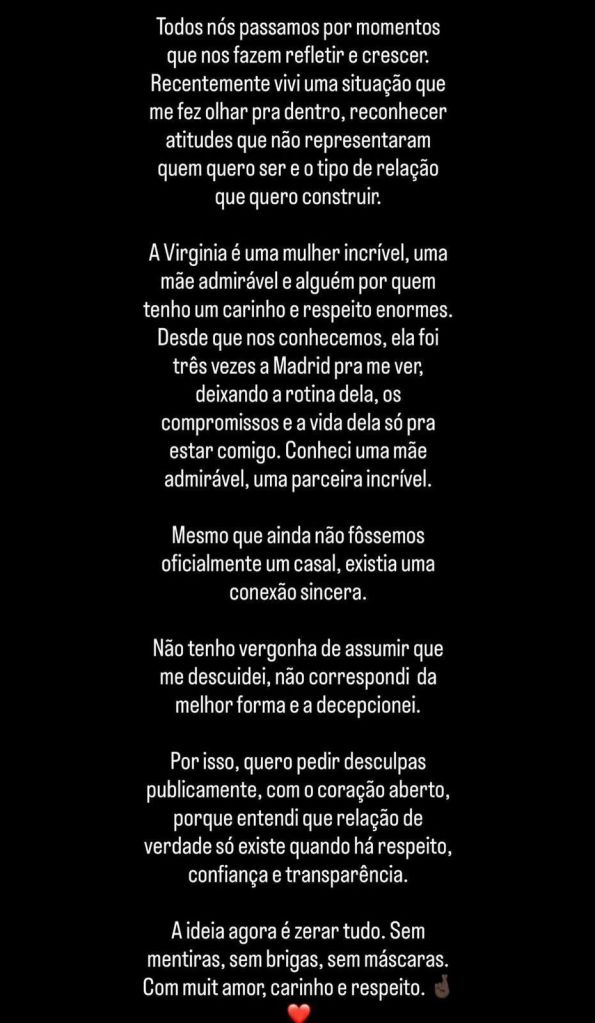 Vinicius Júnior publicou texto admitindo conversas com outra mulher em meio a affair com Virginia