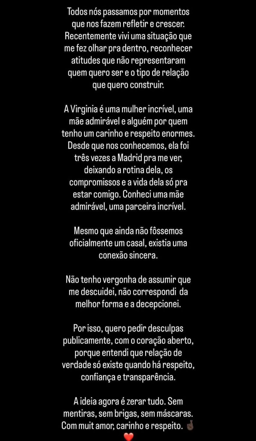 Vinicius Júnior publicou texto admitindo conversas com outra mulher em meio a affair com Virginia • Instagram/@vinijr