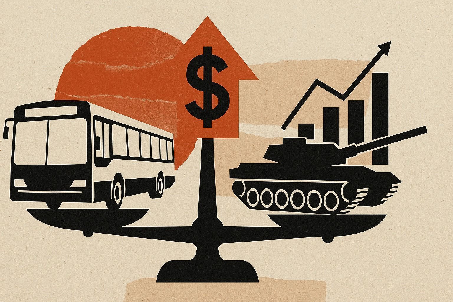 Balança financeira com ônibus e tanque de guerra