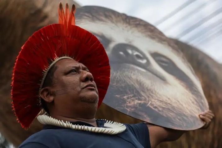 Com capivara inflável, indígenas pedem urgência na demarcação de terras em Brasília • Marcelo Camargo/Agência Brasil