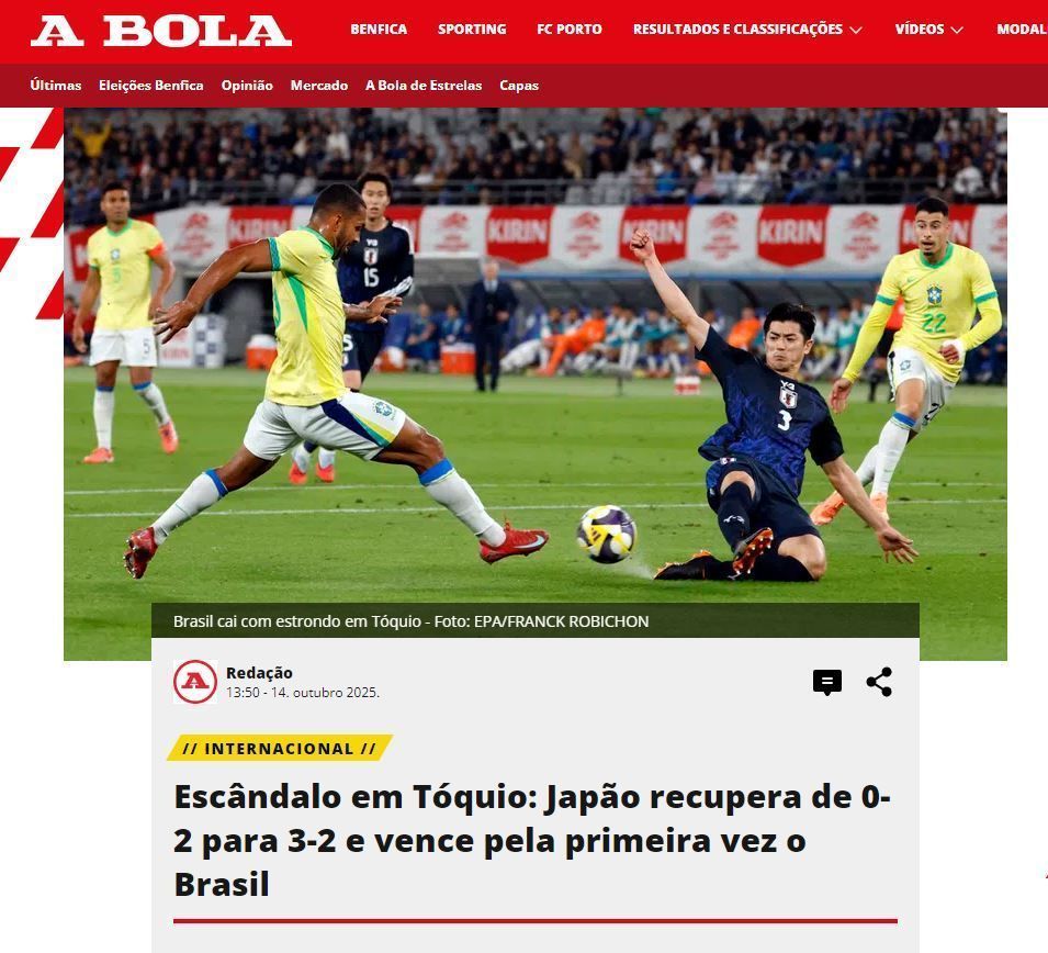 Jornal A Bola sobre derrota do Brasil para o Japão