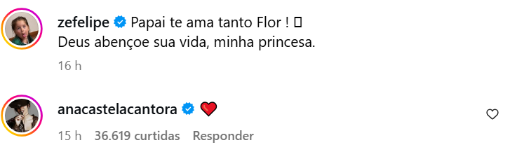 Ana Castela comenta em publicação de Zé Felipe com Maria Flor • Instagram/ Zé Felipe