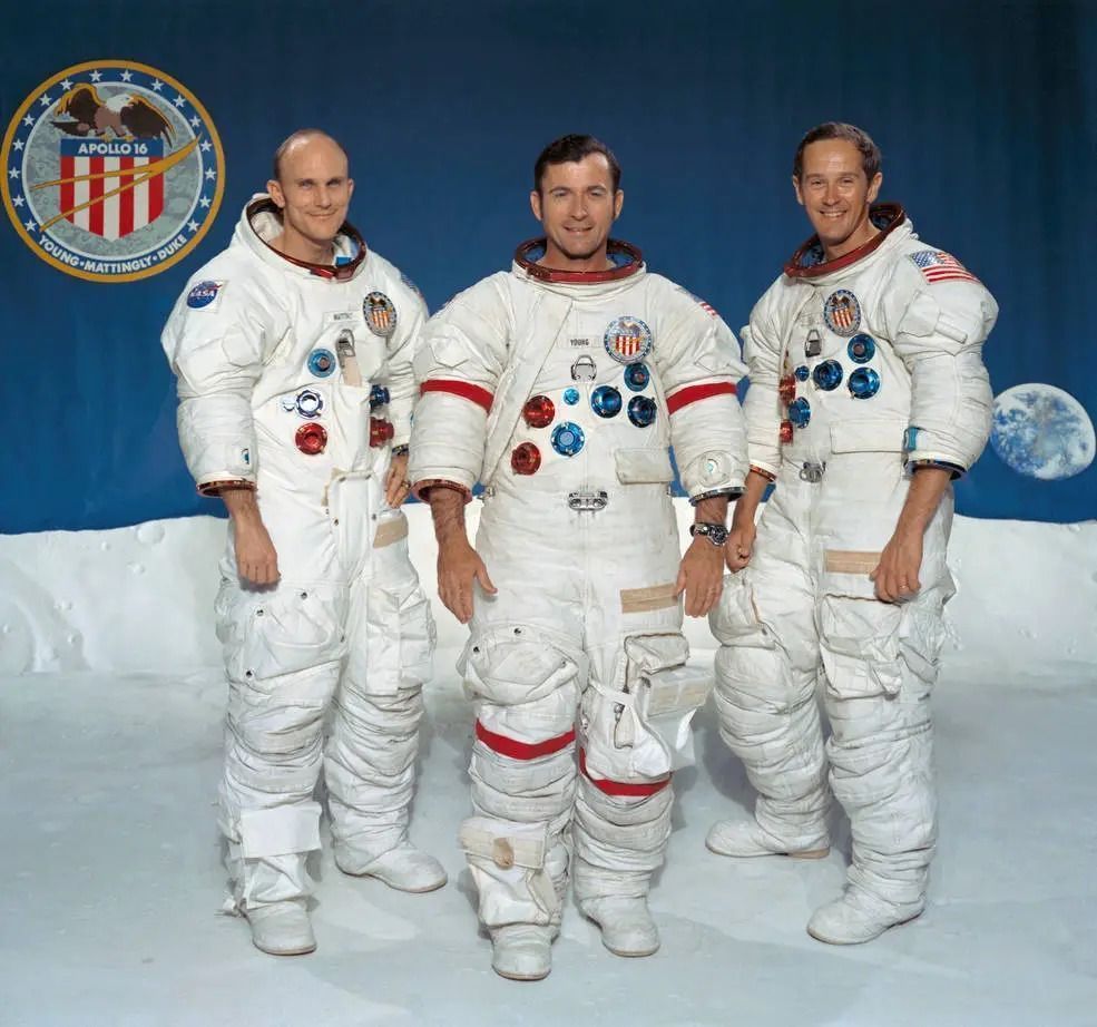 Tripulação da Apollo 16 da esquerda para a direita: Thomas K. “Ken” Mattingly, John W. Young e Charles M. Duke • Divulgação/Nasa