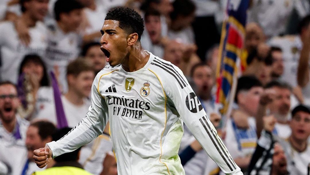 Jude Bellingham, do Real Madrid, comemorando seu gol diante da Juventus, pela Champions League