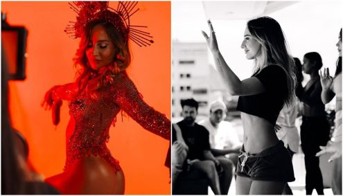 mulher branca, loira e magra com roupa de brilho