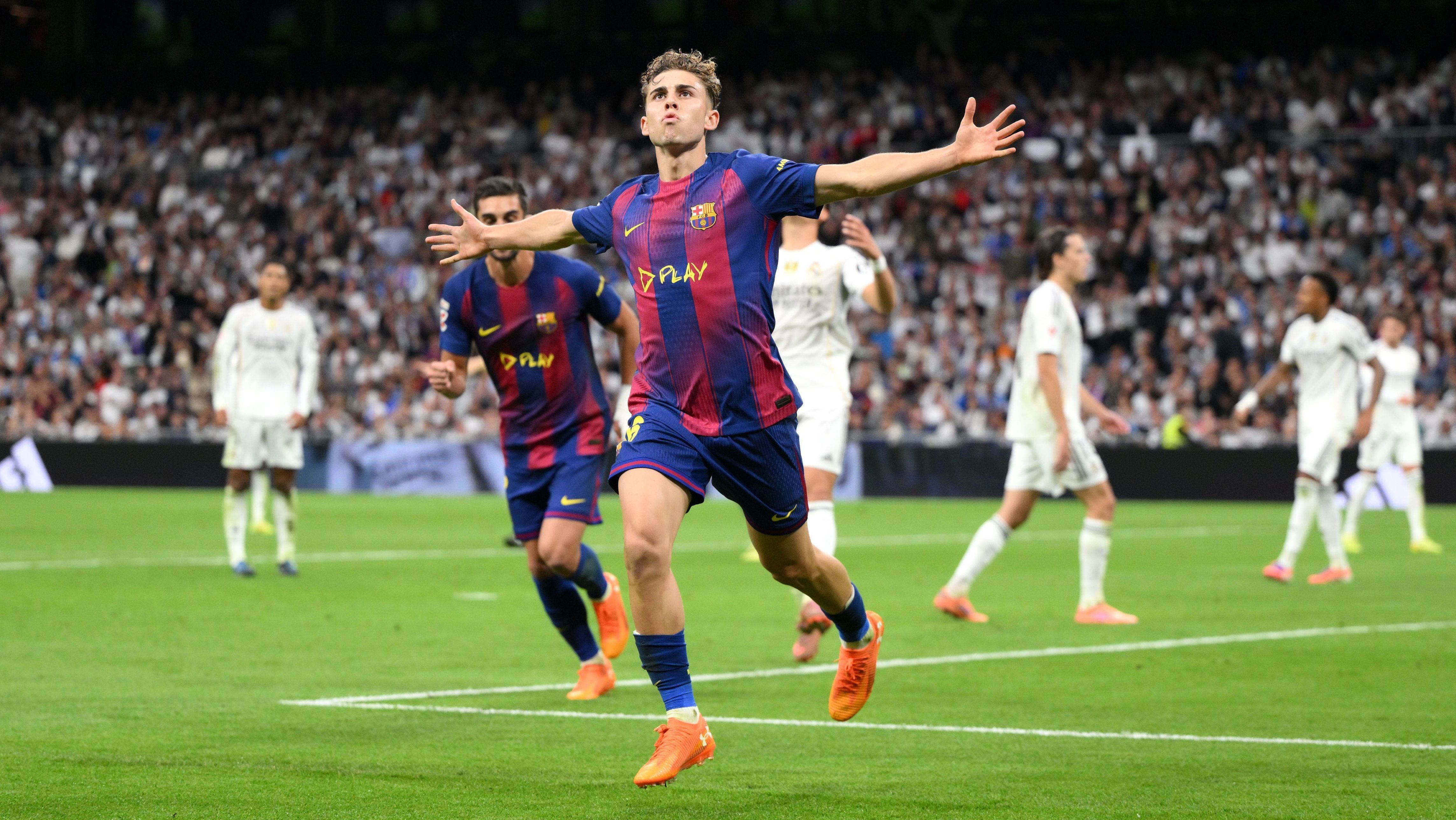 Fermín López comemora gol do Barcelona no clássico contra o Real Madrid