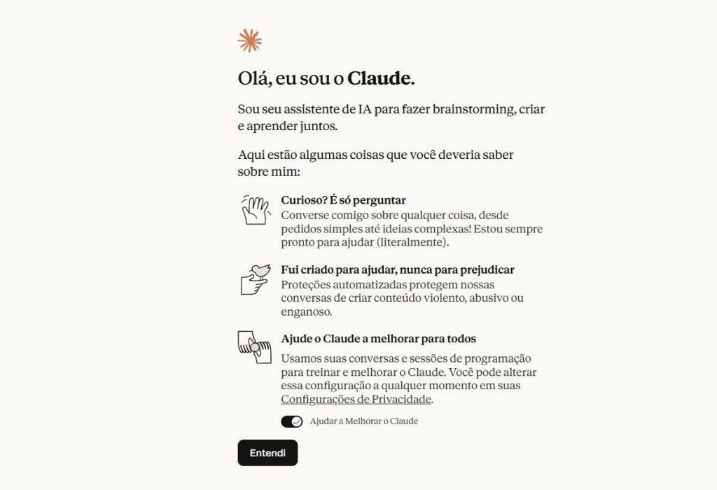 tela-de-apresentação-do-claude-ai-explicando-funções-e-configurações-de-privacidade-do-assistente-de-inteligência-artificial