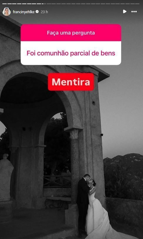 Franciny Ehlke falou sobre acordo de bens feito no casamento do casal • Instagram/Franciny Ehlke