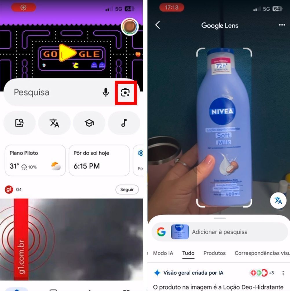 No iPhone, faça buscas tocando no ícone de câmera na tela inicial do app Google • Reprodução/Google Lens