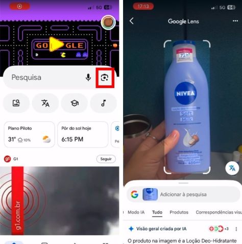 No iPhone, faça buscas tocando no ícone de câmera na tela inicial do app Google • Reprodução/Google Lens
