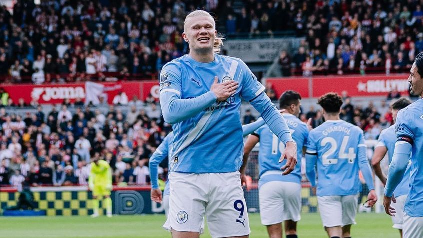 Haaland, atacante do Manchester City, comemorando seu gol contra o Brentford • Reprodução/X/@ManCity