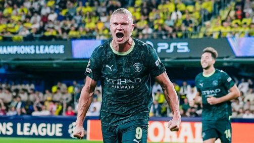 Haaland, do Manchester City, comemorando seu gol contra o Villarreal, pela Champions League