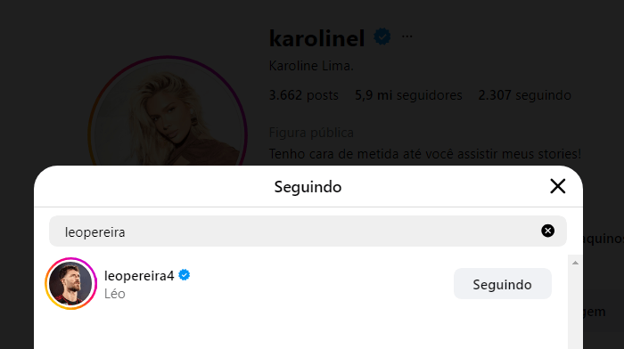 Karoline Lima seguindo Léo Pereira no Instagram • Reprodução/Instagram