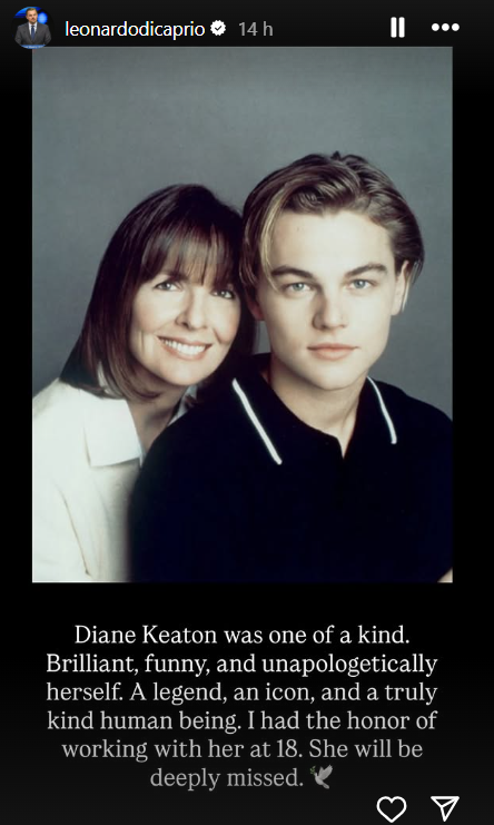 Homenagem de Leonardo DiCaprio a Diane Keaton nas redes sociais • Reprodução