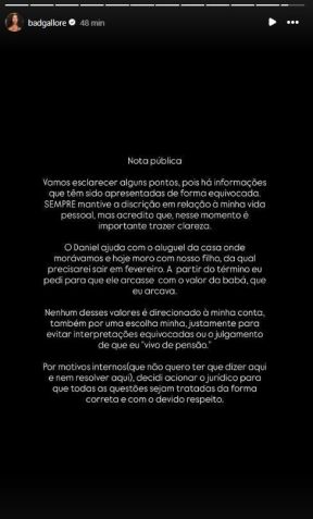 Lorena Maria compartilhou pronunciamento nesta quarta-feira (22) • Instagram/Lorena Maria