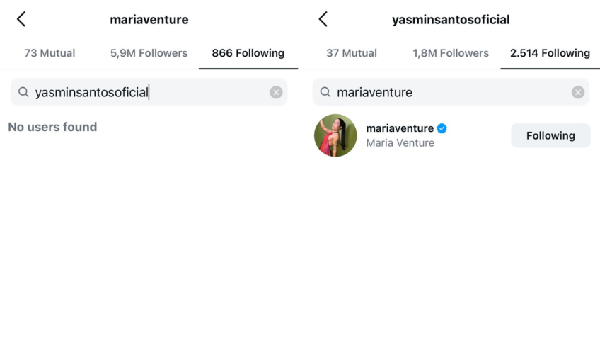 Maria Venture deixa de seguir Yasmin Santos no Instagram • Reprodução/Instagram