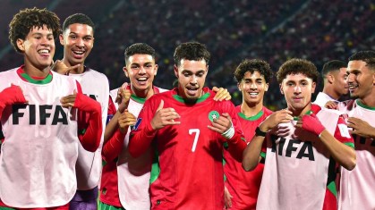 Jogadores do Marrocos celebrando a vitória contra o Brasil, pelo Mundial Sub-20