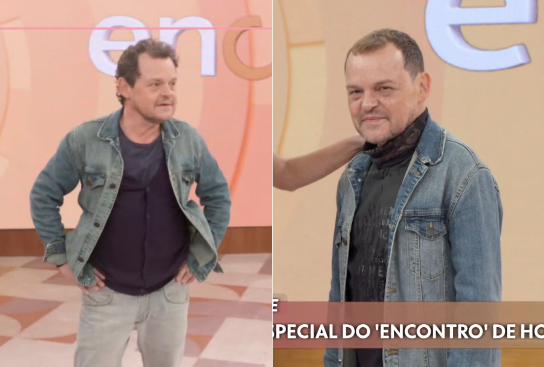 Matheus Nachtergaele no "Encontro" em 6 de setembro de 2024 e nesta quinta-feira (16), 13 meses e 10 dias depois, com a mesma jaqueta • Reprodução/Globo