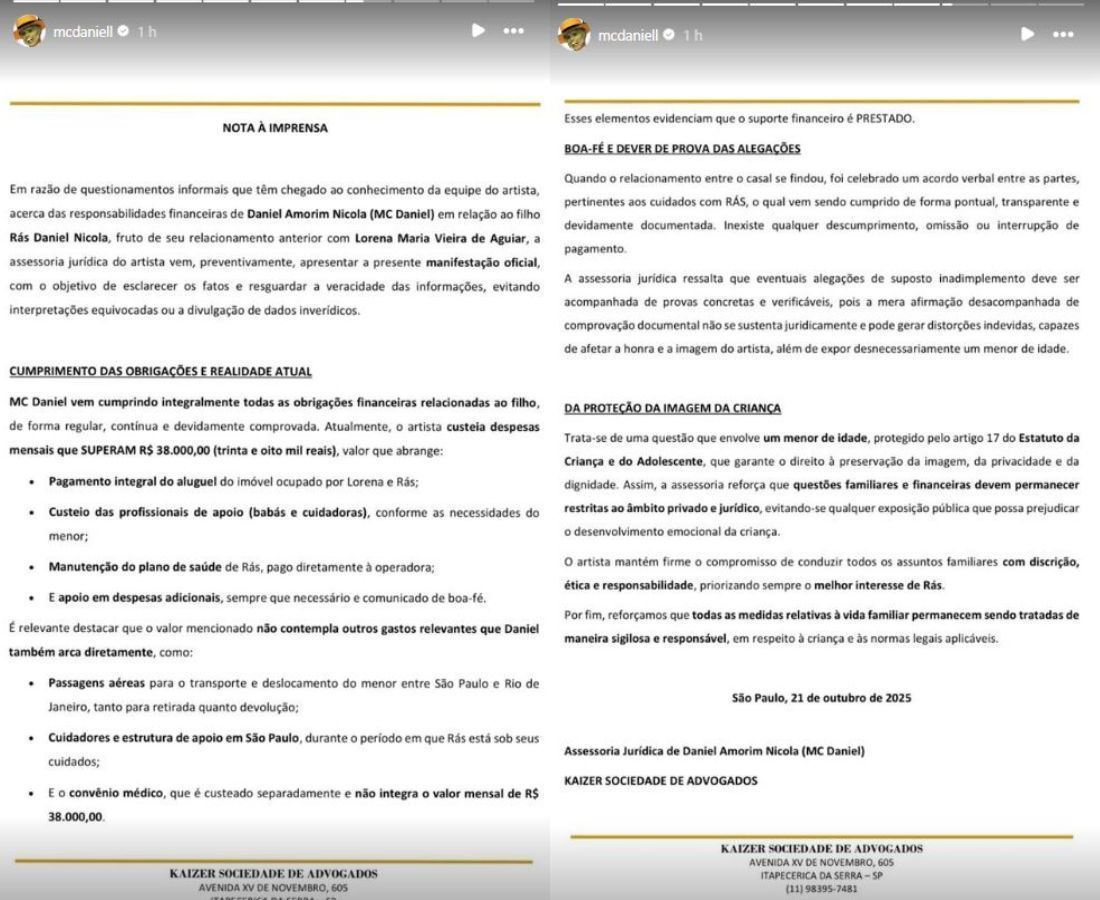 MC Daniel compartilhou nota sobre o pagamento de pensão ao filho Rás, com Lorena Maria • Instagram/MC Daniel