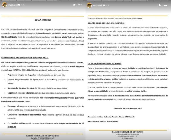 MC Daniel compartilhou nota sobre o pagamento de pensão ao filho Rás, com Lorena Maria • Instagram/MC Daniel