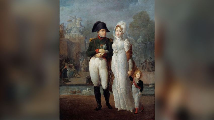 Portrait of Napoleon I (1769-1821) and Marie-Louise with their son, the King of Rome, Napoleon II, Duke of Reichstadt, in the Tuileries Gardens. Anonymous painting. 19th century. • Leemage/Corbis via Getty Images