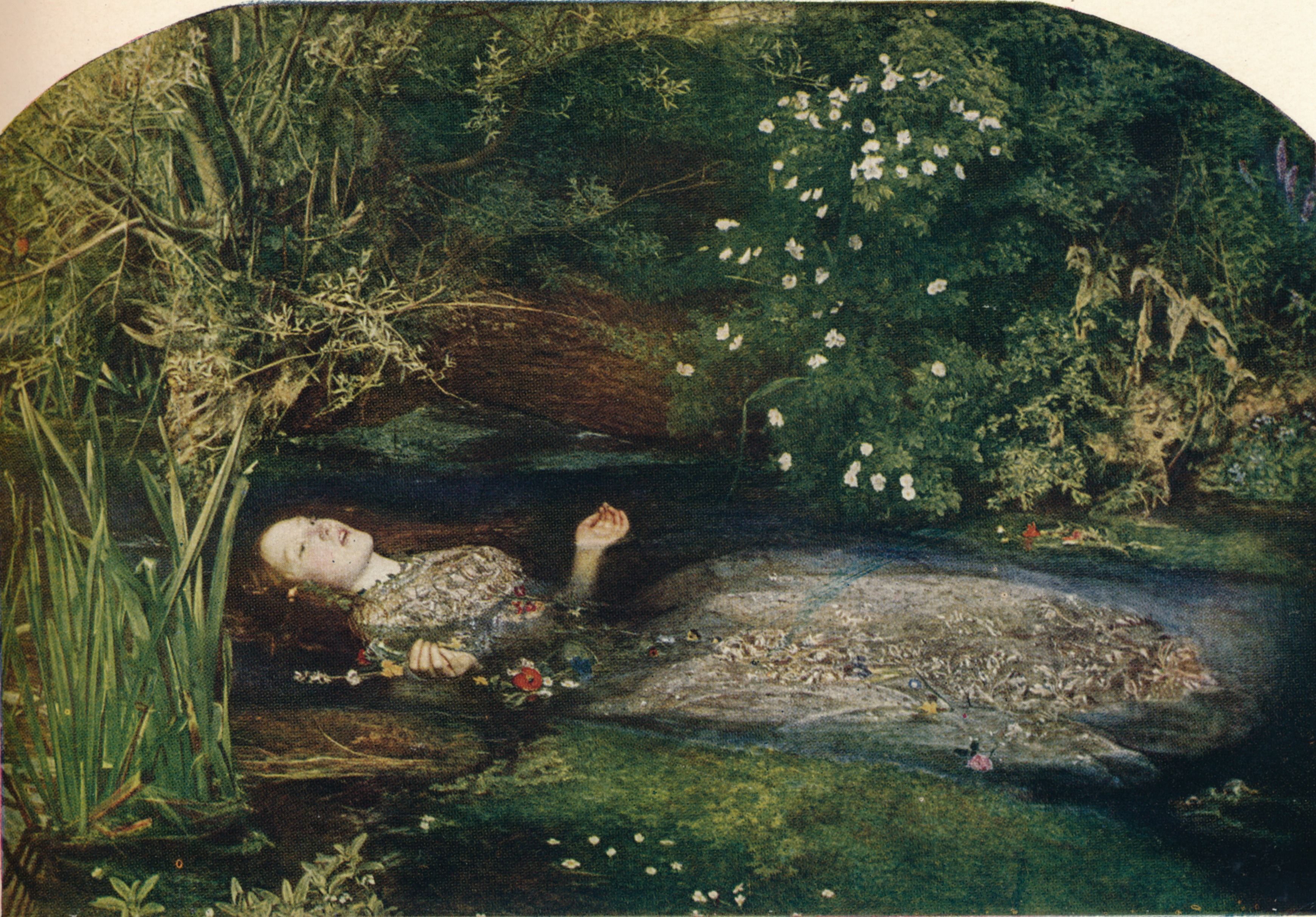 Quadro de John Everett Millais retrata uma cena de "Hamlet", de Shakespeare, na qual Ofélia se afoga em um riacho após perder a razão • The Print Collector/Getty Images