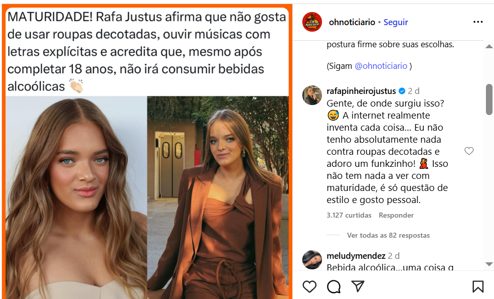 Rafa Justus rebate post sobre si nas redes sociais • Reprodução