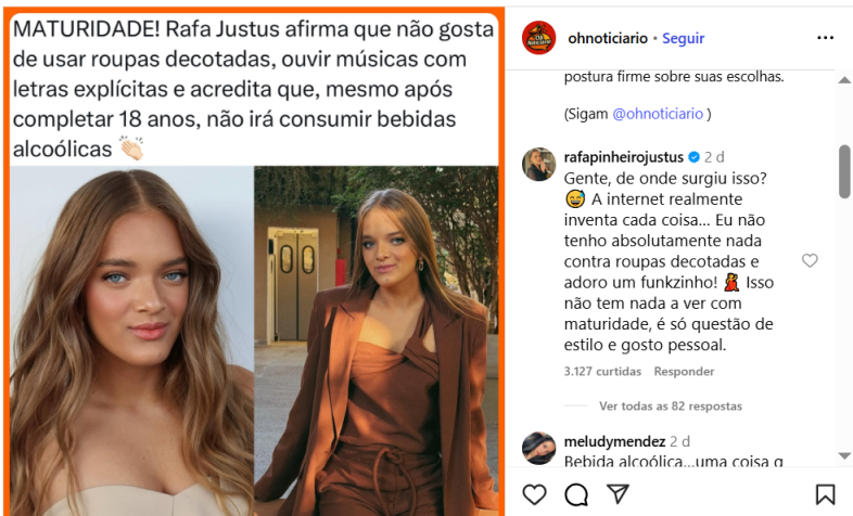 Rafa Justus rebate post sobre si nas redes sociais • Reprodução