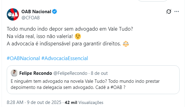 OAB comenta ausência de advogados no depoimento dos suspeitos de assassinato em "Vale Tudo" • Reprodução/X