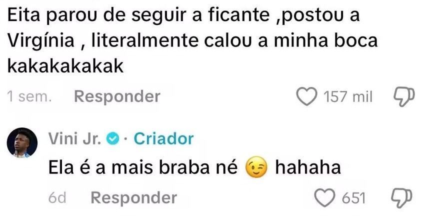 Comentário de Vini Jr. sobre Virginia no TikTok • Reprodução