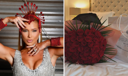 Virginia recebe buquê de rosas e bolsa de grife após desembarcar em Madrid