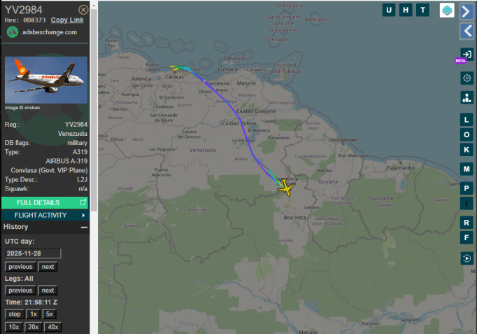 Avião do regime venezuelano viaja para a fronteira com o Brasil • Reprodução/ADSB Exchange