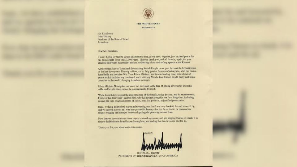 Carta enviada por Trump para presidente de Israel pedindo perdão para Netanyahu