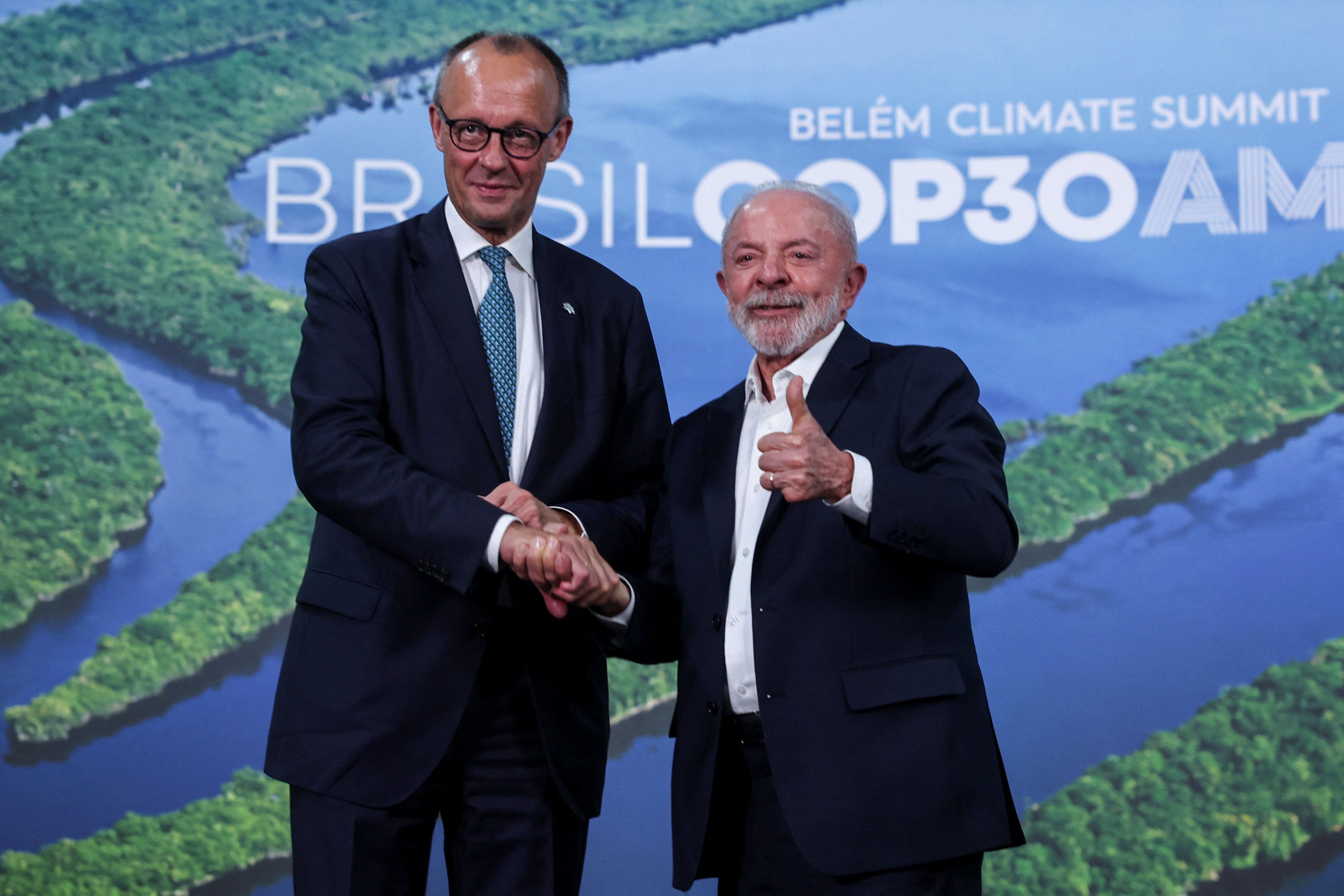 Chanceler da Alemanha, Friedrich Merz. ao lado do presidente Luiz Inácio Lula da Silva, em Belém
