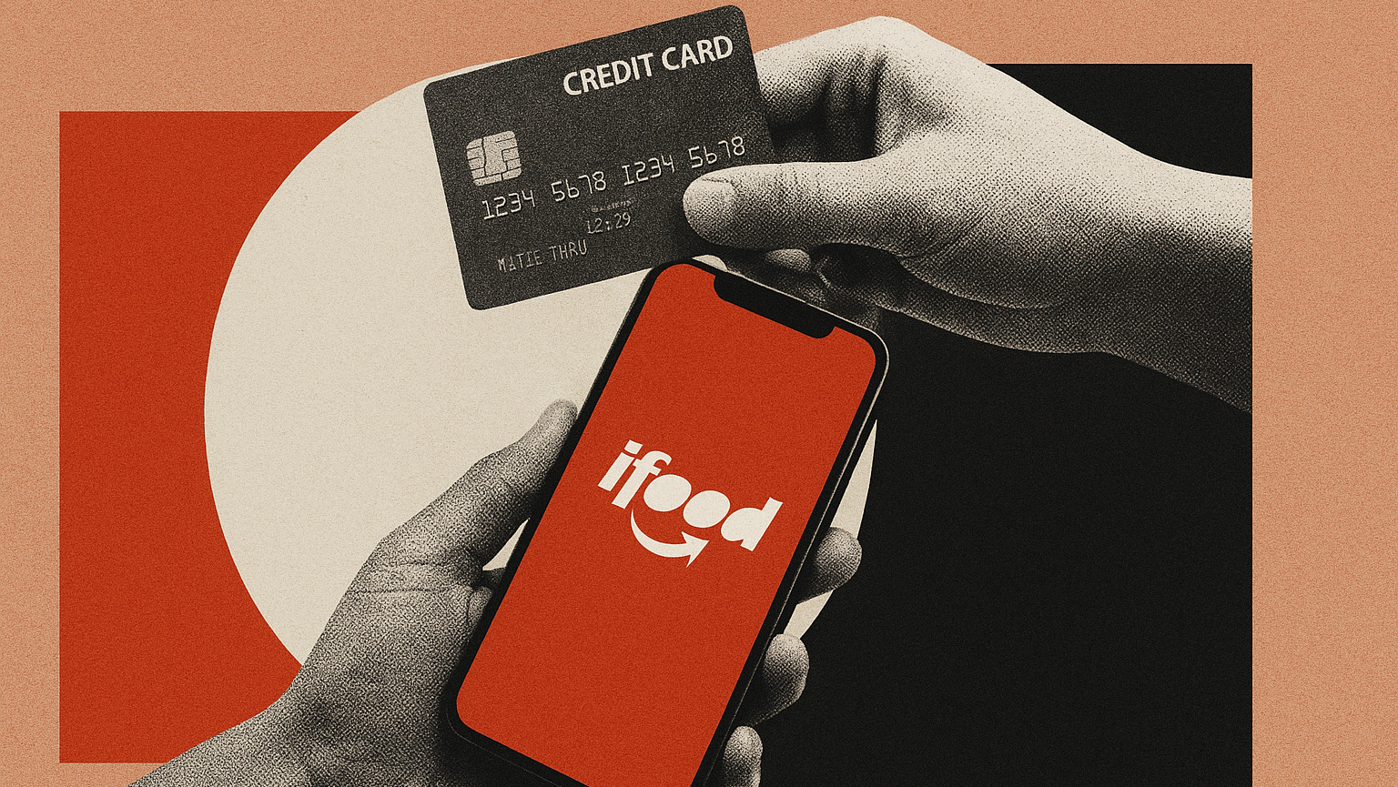 Ilustração de uma mão com um cartão de crédito e outra com um celular com o logo do iFood