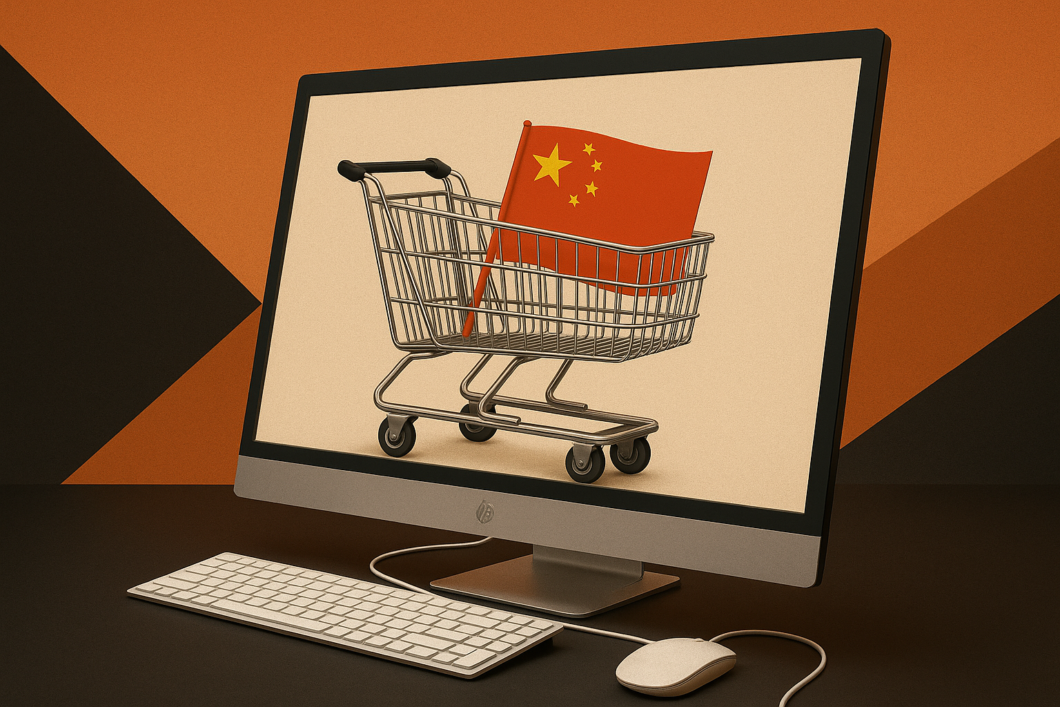 Computador com um carrinho de compras e uma bandeira da China