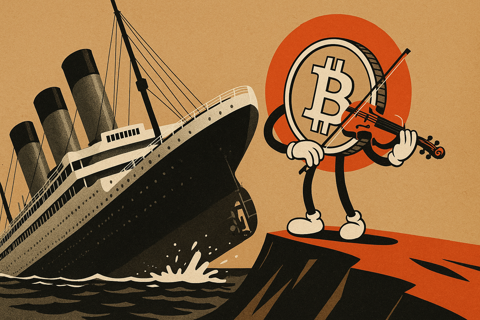 Ilustração de um bitcoin tocando violino ao lado de um navio afundando