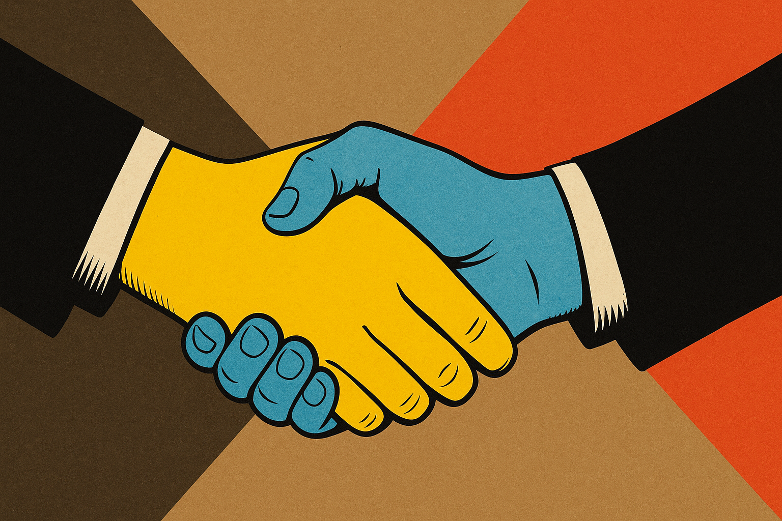 Ilustração de uma mão amarela e uma azul claro se apertando em alusão aos logos de Mercado Livre e Mercado Pago