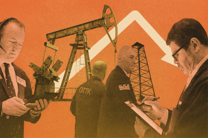 Ilustração de operadores de bolsa ao redor de torres de petróleo e um gráfico de seta caindo após atingir um pico
