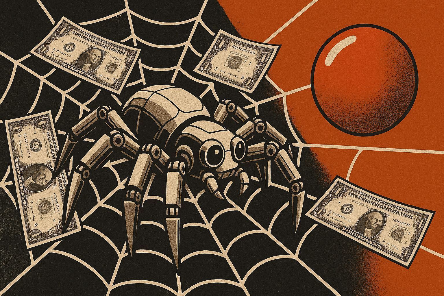 Aranha robótica em teia com dólares