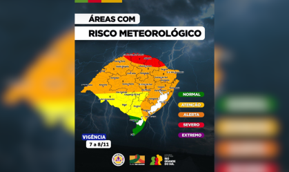 Defesa Civil amplia alerta para ventos acima de 100 km/h e granizo no RS