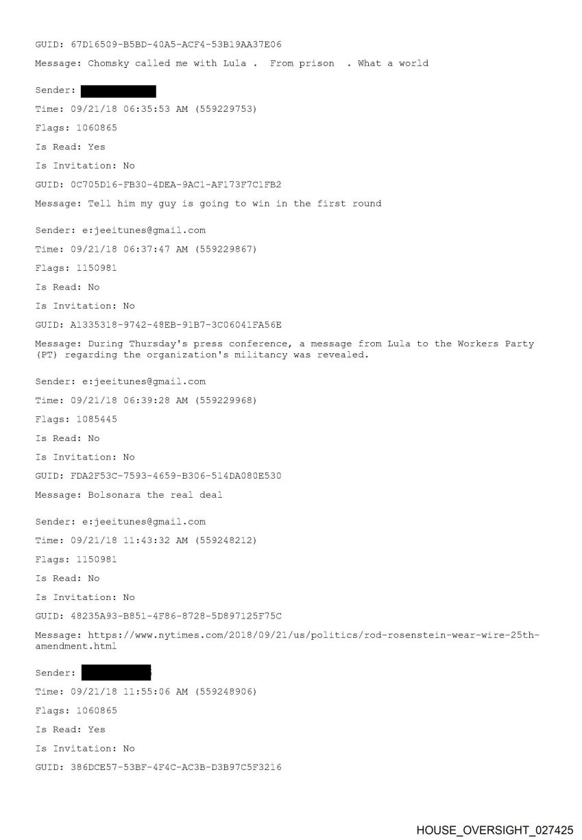 Epstein diz que falou com Lula por telefone e elogia Bolsonaro em troca de e-mails • Reprodução