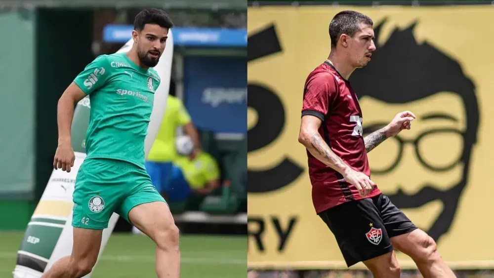Flaco López, do Palmeiras, e Cantalapiedra, do Vitória, durante treino das equipes