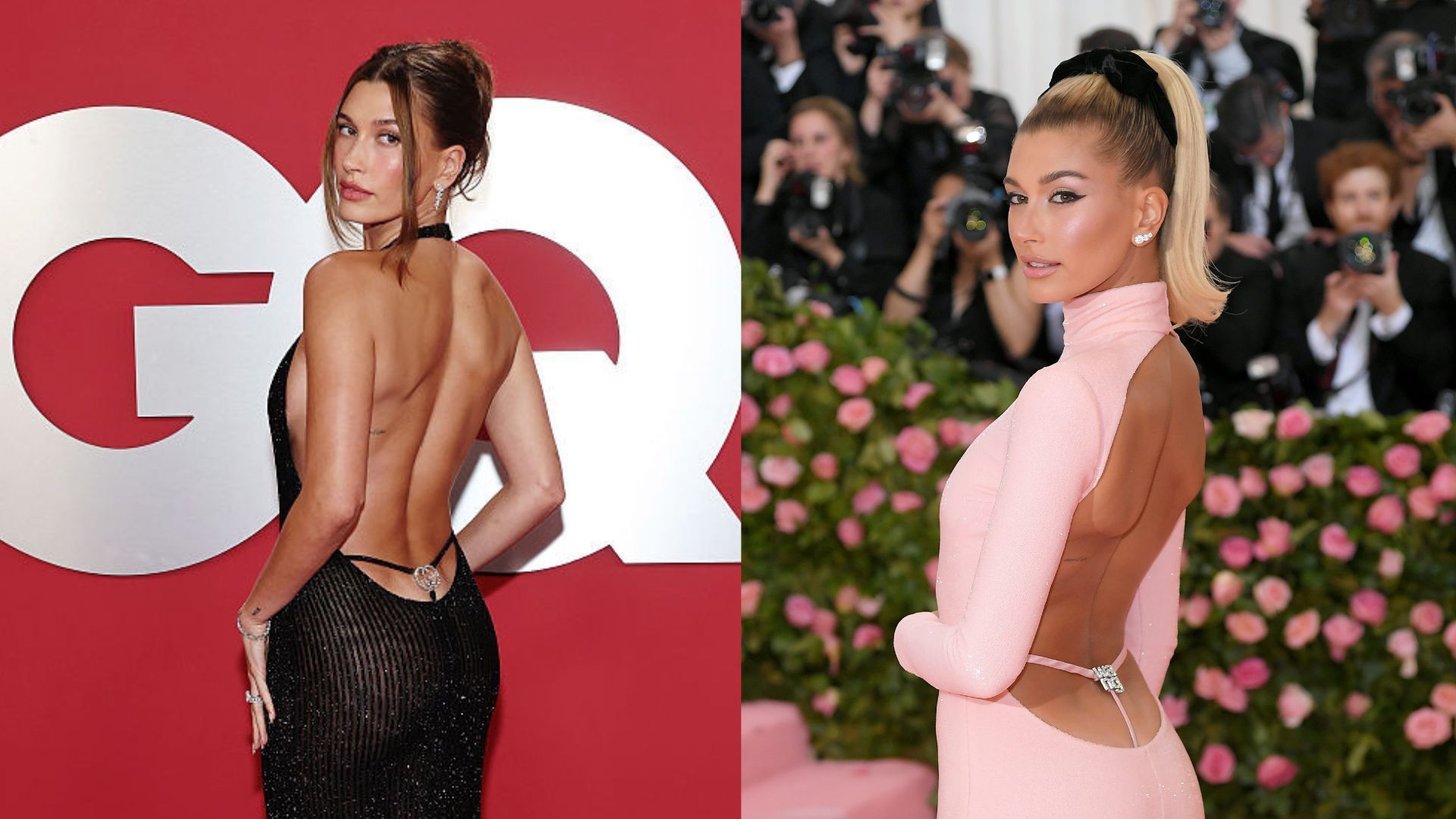 Hailey Bieber no GQ Men Of The Year 2025 e Met Gala 2019 • Reprodução / Amy Sussman/Getty Images e Met Gala Red Carpet 2019