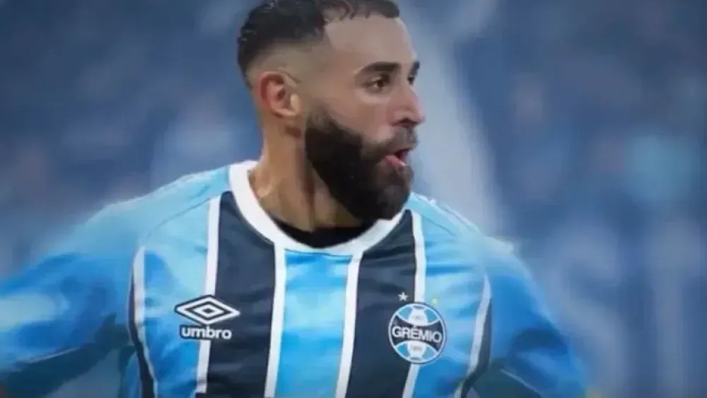Montagem de Benzema com a camisa do Grêmio foi mostrada no vídeo de Caleffi