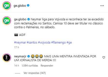 Neymar responde reportagem sobre polêmica no Santos • Reprodução / Instagram
