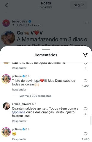 Comentário de Poliana em post sobre mãe de Vini Jr. com os filhos de Zé Felipe e Virginia • Reprodução