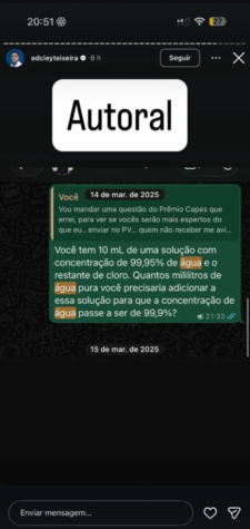 Imagem de fórum de discussão mostra uma das mensagens trocadas por Edcley Teixeira em março apresentando uma questão muito similar à que caiu no Enem 2025 • Reprodução
