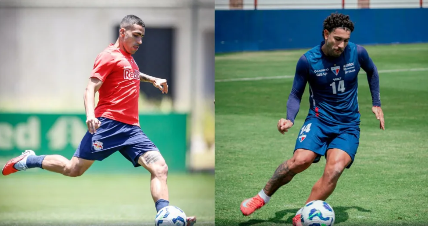 Voltante Gabriel, do RB Bragantino, e o lateral-direito Mancuso, do Fortaleza